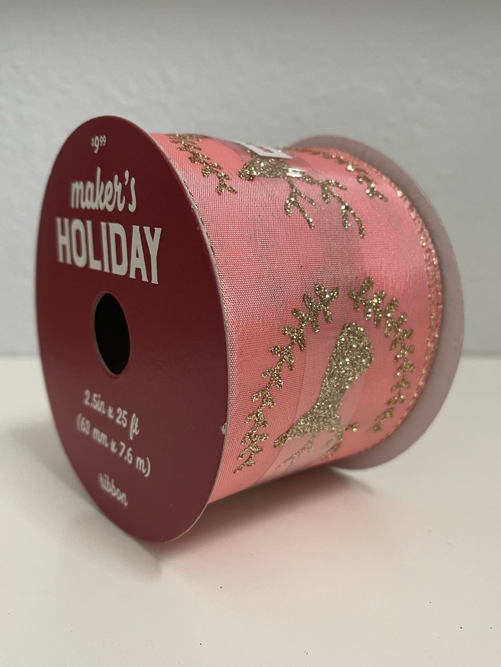 Ribbon Reindeer Gold Pink 2.5in Wide 25ft Wire Edge Christmas Wreath Winter DIY